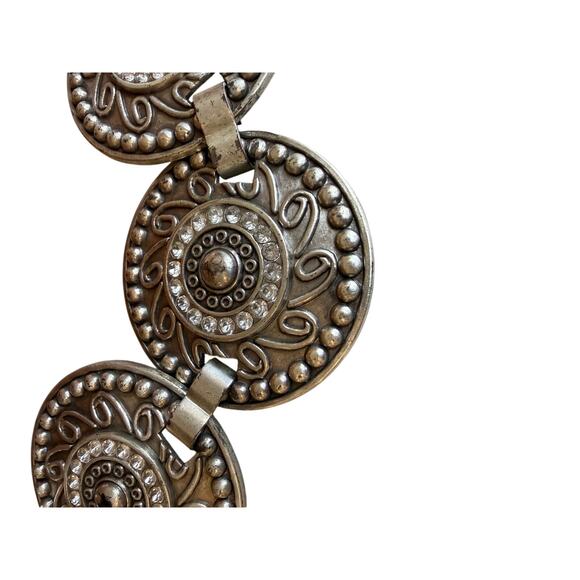Chicos Western Leather Statement Belt Black Silver Medallion Detail M/L